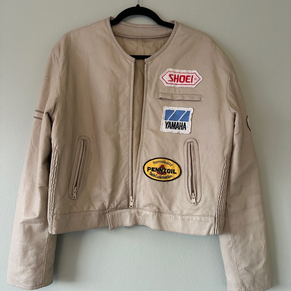 Vintage Tan Leather Bomber Jacket with Patches Yamaha…